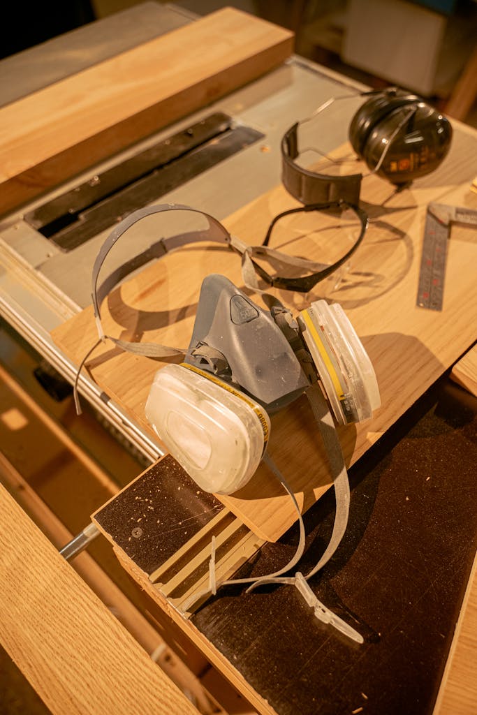 A close-up of safety gear including a respirator mask and ear protection in a workshop setting.