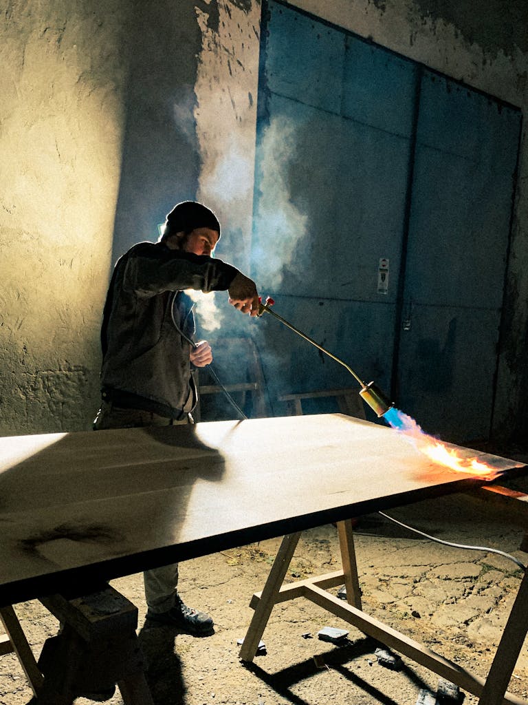 A metalworker uses a torch to heat metal on a workbench in an industrial setting.
