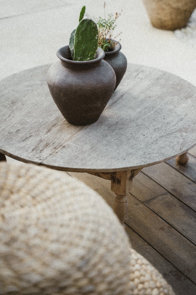 Rustic wooden table decorated with clay jars and succulent plants, perfect for interior decor inspiration.